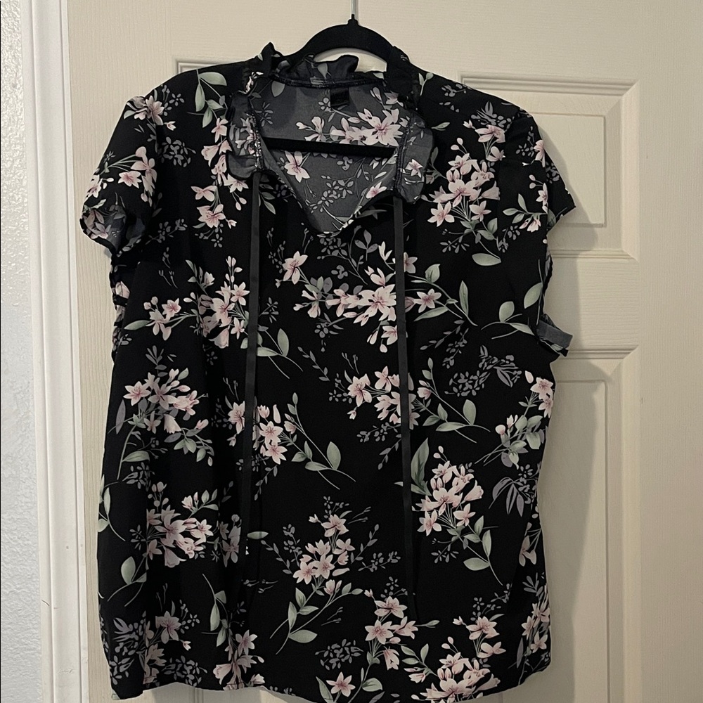 SHEIN Black Floral Blouse with Pink and Green Accents